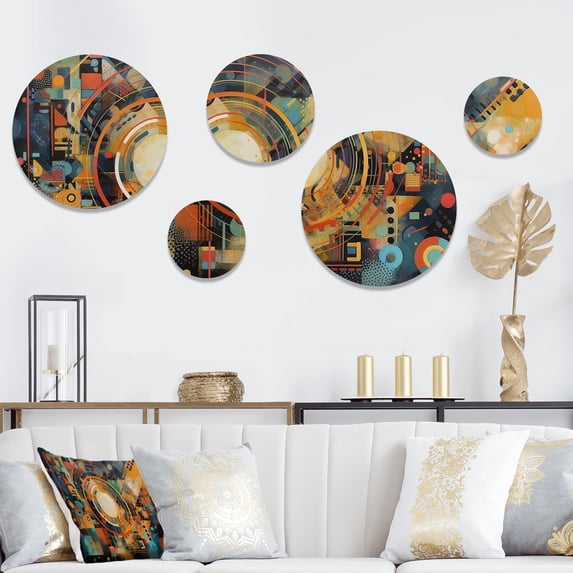 Designart "Geometric Vibrations Orange and Blue II" Modern Geometric Metal Wall Art Set of 5 Piece