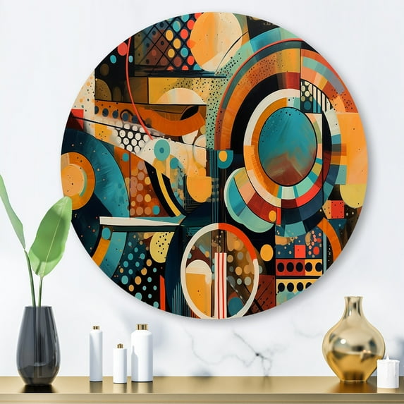 Designart "Geometric Vibrations Orange and Blue III" Modern Geometric Metal Round Wall Decor