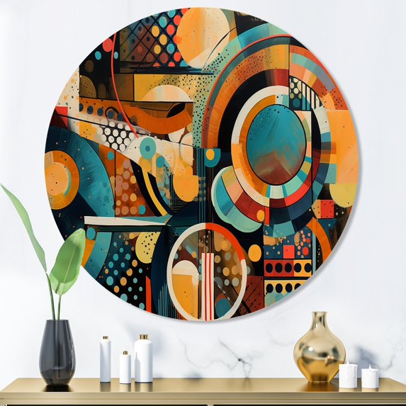 Designart "Geometric Vibrations Orange and Blue III" Modern Geometric Metal Round Wall Decor
