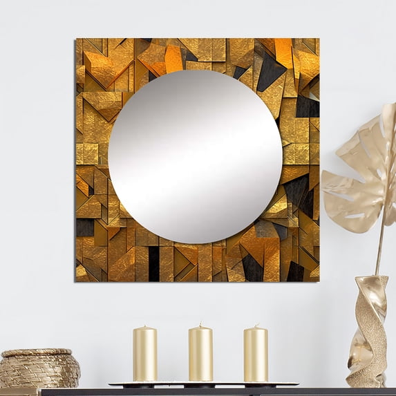 Designart "Geometric Wonders in Bold Gold and Black II" Abstract Geometric Square Mirror For Wall Decor - Large Gold Square Mirror Printed Wall Decor - Modern Square Living Room Mirror
