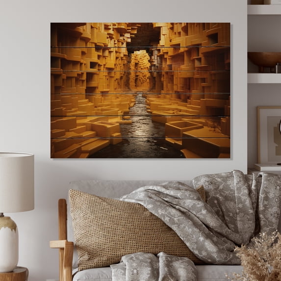 Designart "Geometric Yellow Tunnel II" Architecture Print on Natural Pine Wood