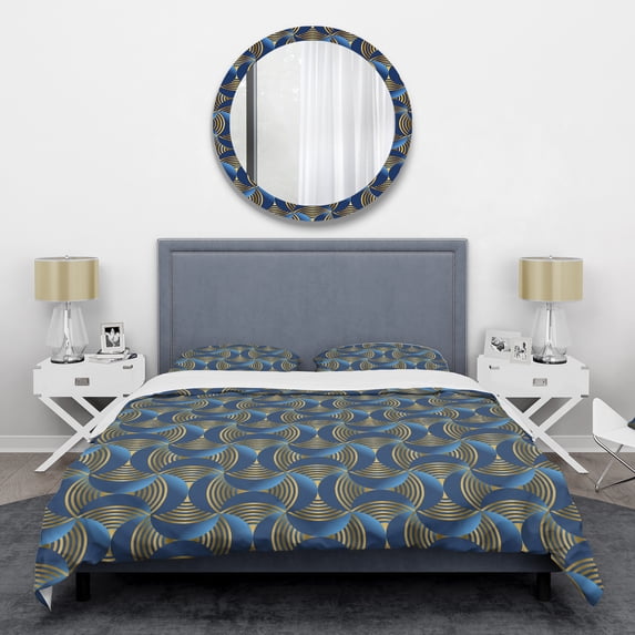 Designart 'Geometric abstract waves in gold and marine blue' Mid-Century Modern Duvet Cover Set
