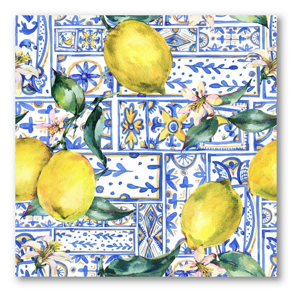 Designart ' Geometrical Pattern of Lemon Ornament On Blue I ' Tropical Canvas Wall Art Print