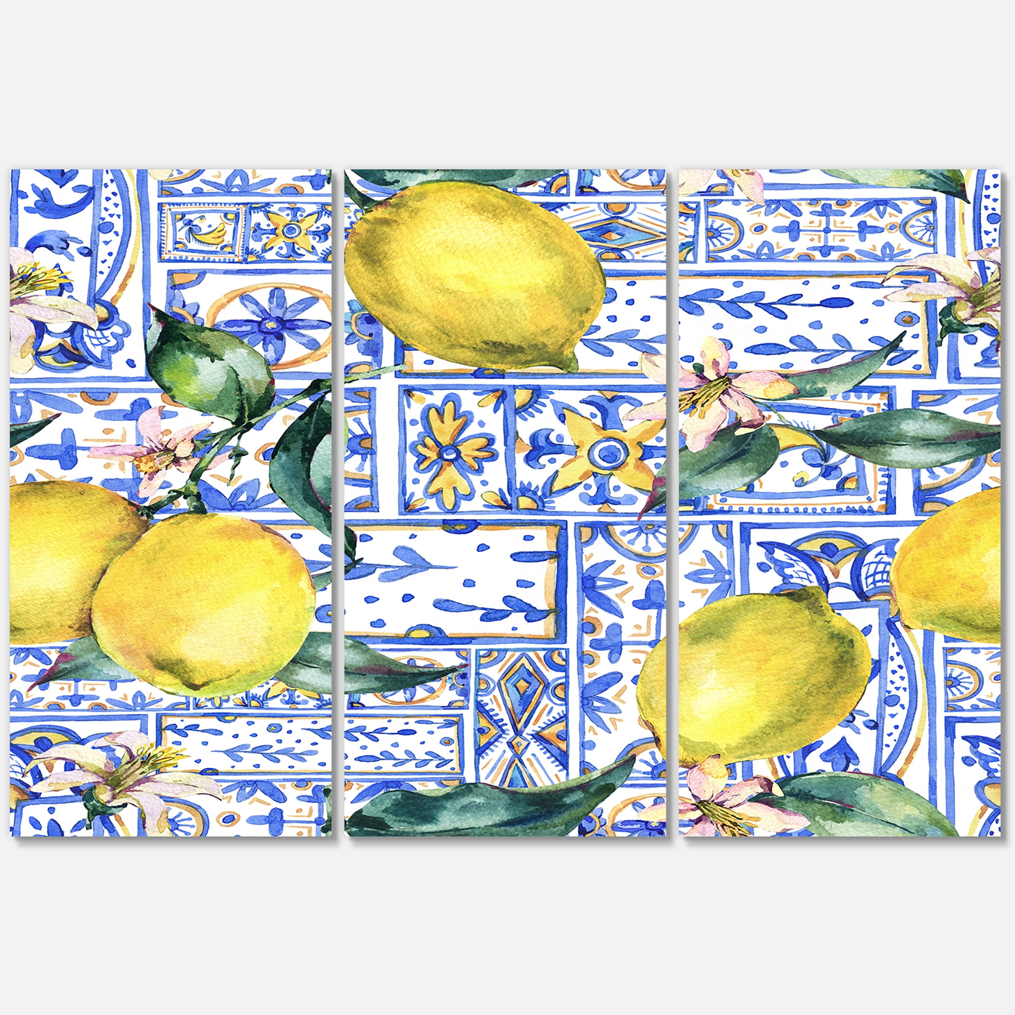 Designart ' Geometrical Pattern of Lemon Ornament On Blue I ' Tropical Canvas Wall Art Print