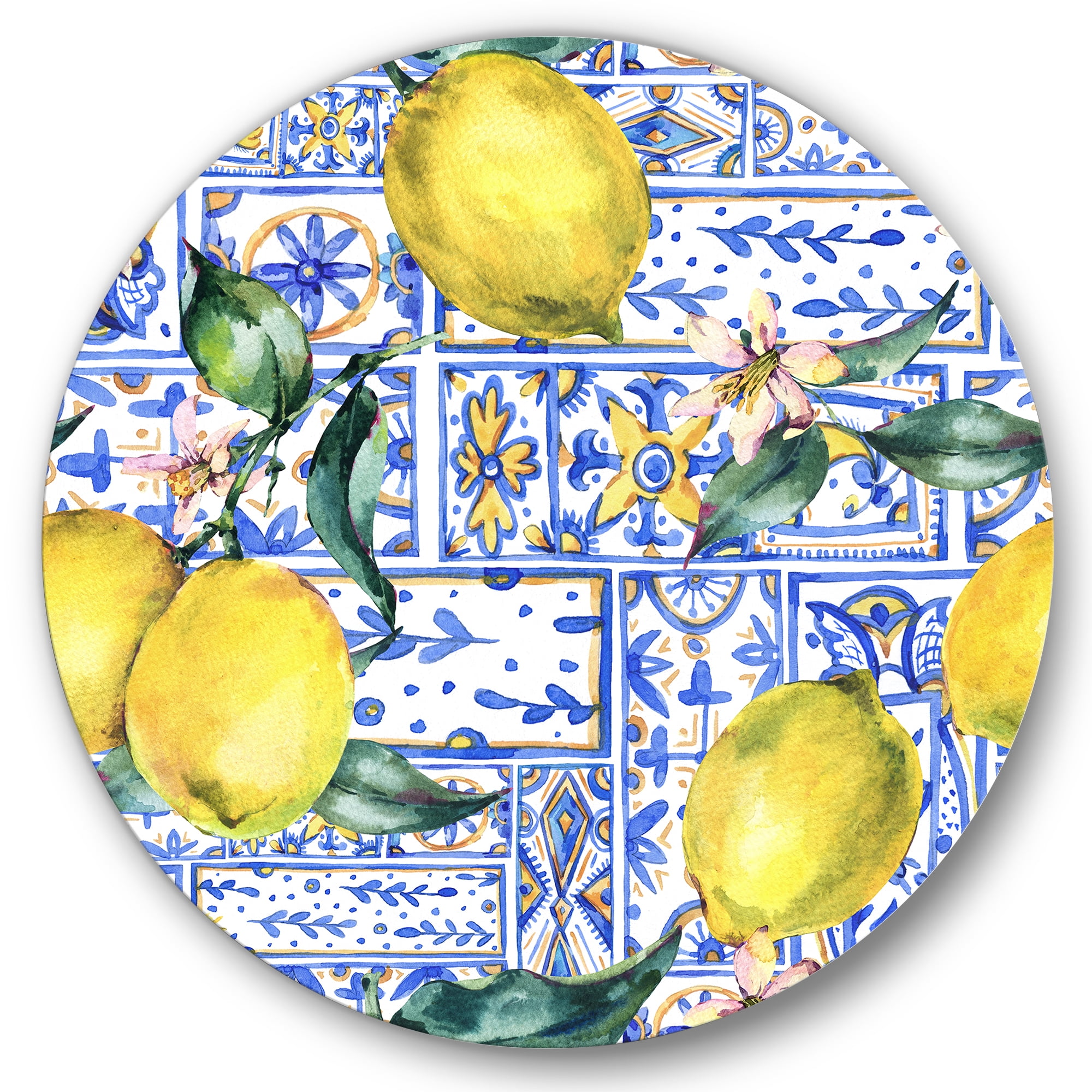 Designart 'Geometrical Pattern of Lemon Ornament On Blue I' Tropical Circle Metal Wall Art 29x29 - Disc of 29