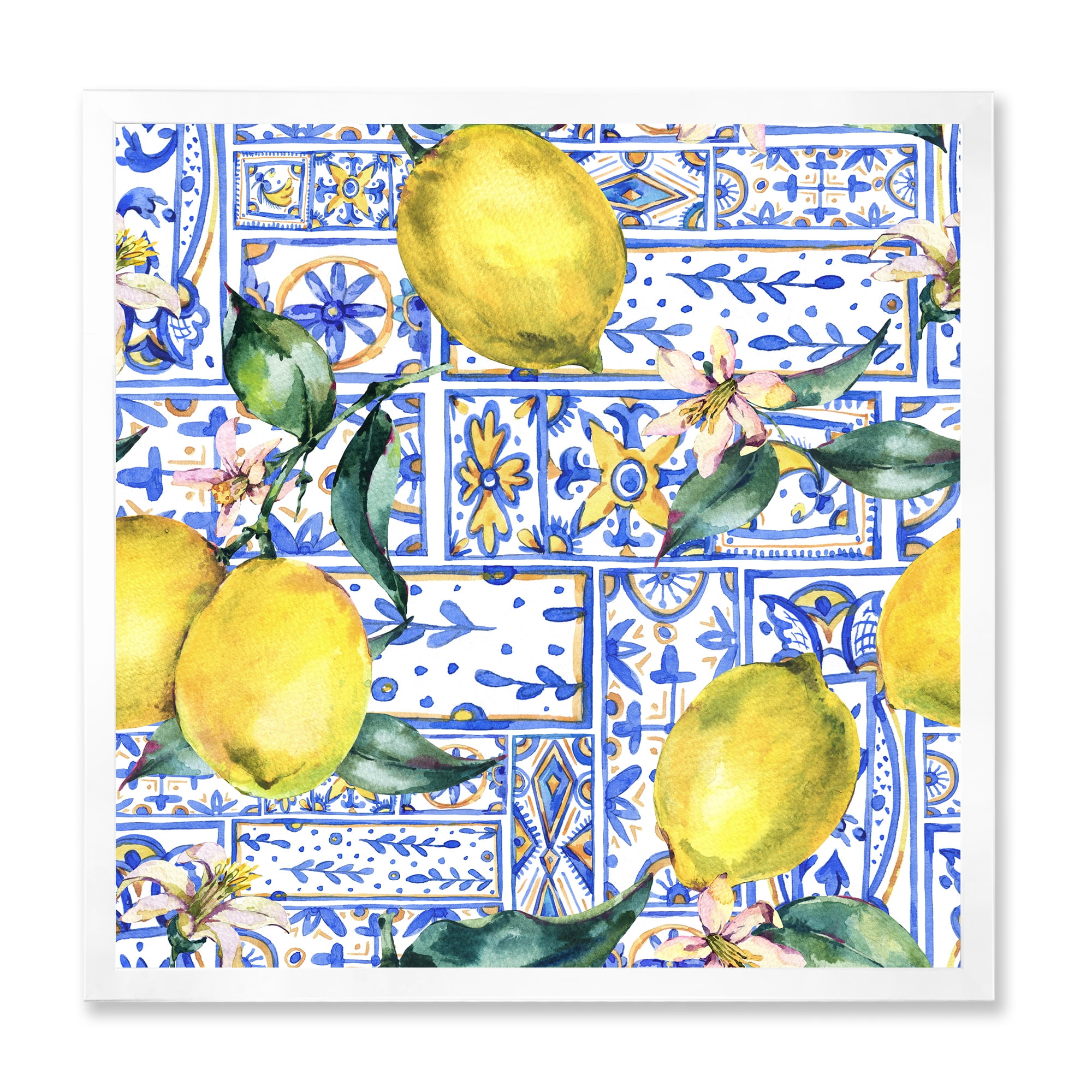 Designart 'Geometrical Pattern of Lemon Ornament On Blue I' Tropical Framed Art Print