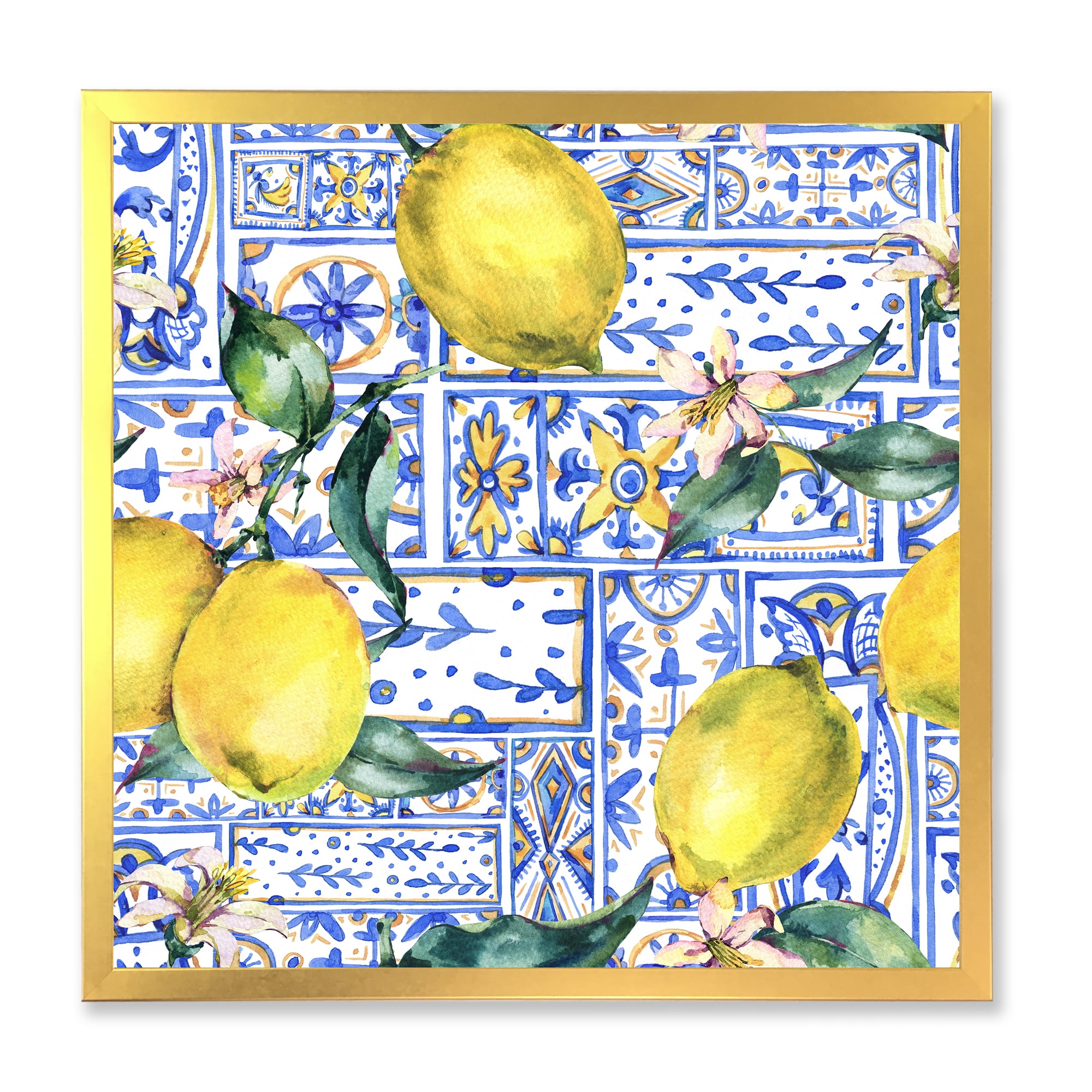 Designart 'Geometrical Pattern of Lemon Ornament On Blue I' Tropical Framed Art Print