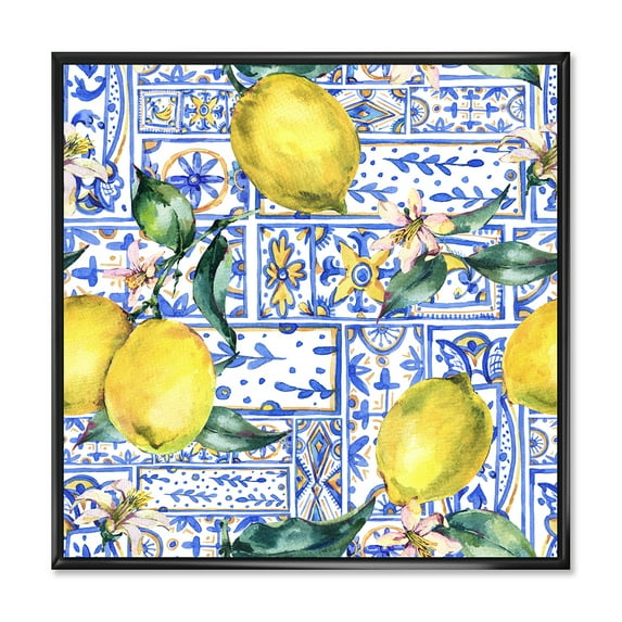 Designart 'Geometrical Pattern of Lemon Ornament On Blue I' Tropical Framed Canvas Wall Art Print