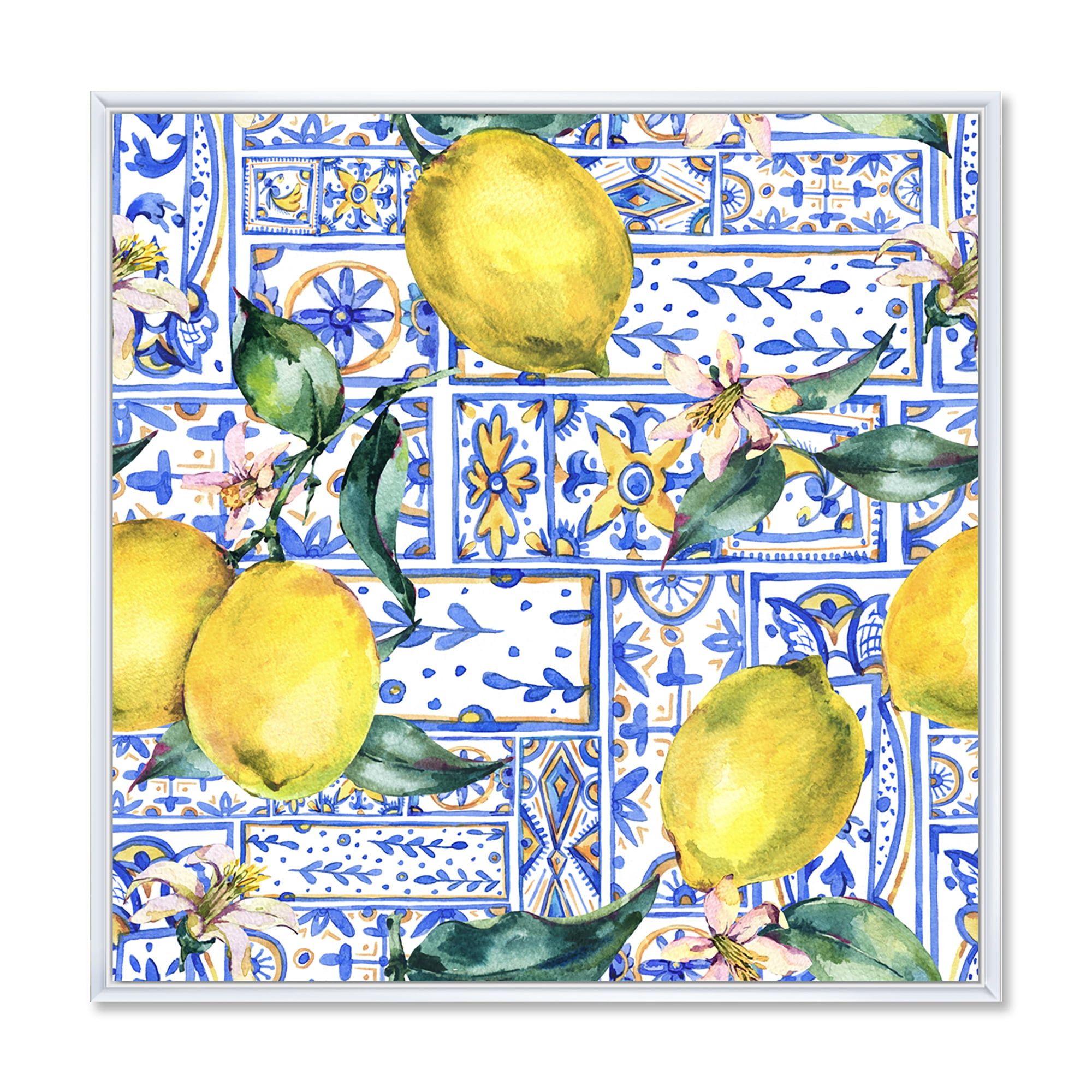 Designart 'Geometrical Pattern of Lemon Ornament On Blue I' Tropical Framed Canvas Wall Art Print