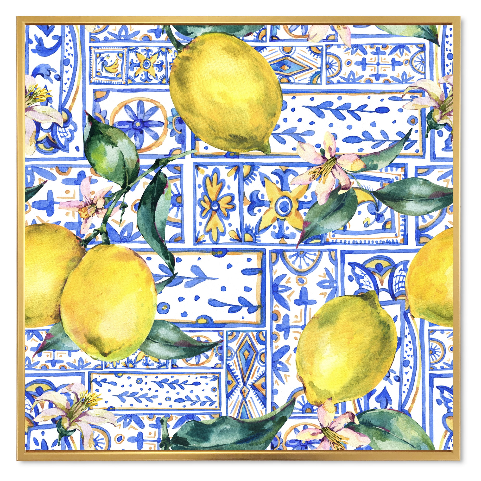 Designart 'Geometrical Pattern of Lemon Ornament On Blue I' Tropical Framed Canvas Wall Art Print