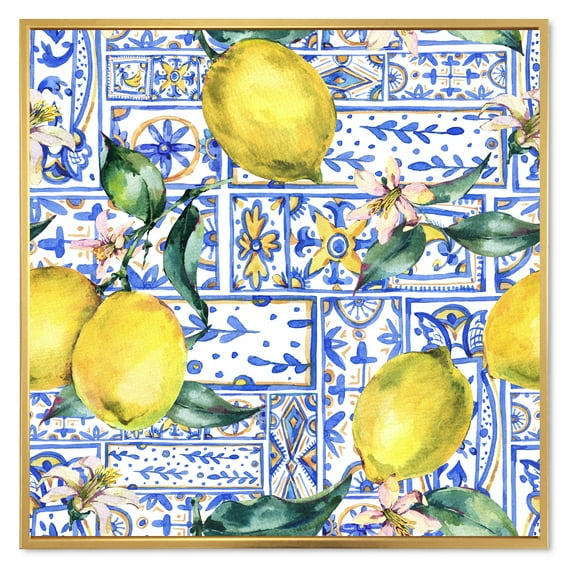 Designart 'Geometrical Pattern of Lemon Ornament On Blue I' Tropical Framed Canvas Wall Art Print