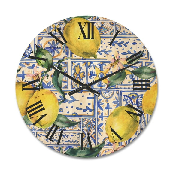 Designart 'Geometrical Pattern of Lemon Ornament On Blue I' Tropical Wood Wall Clock