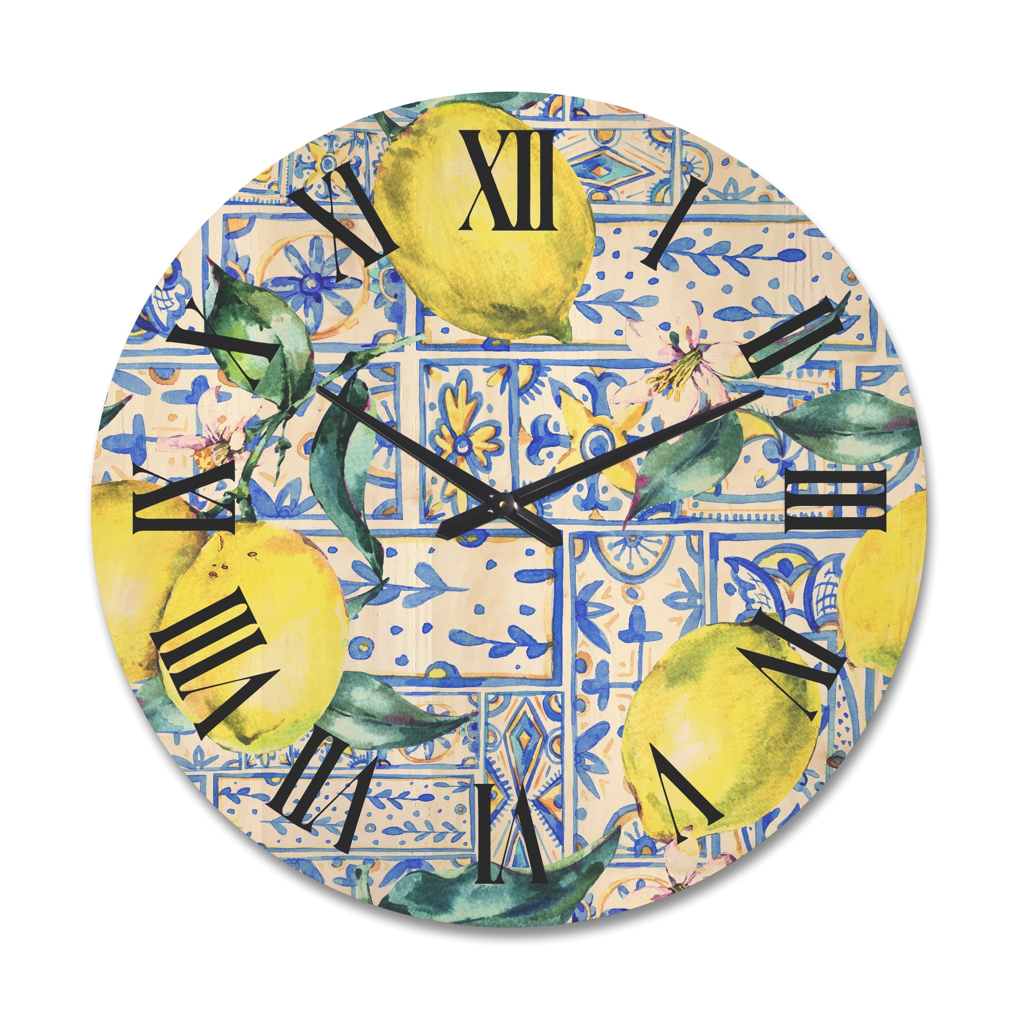 Designart 'Geometrical Pattern of Lemon Ornament On Blue I' Tropical Wood Wall Clock