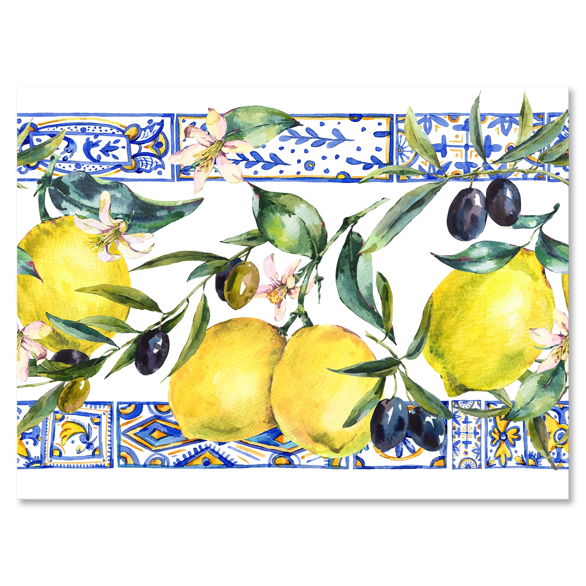 Designart ' Geometrical Pattern of Lemon Ornament On Blue II ' Tropical Canvas Wall Art Print