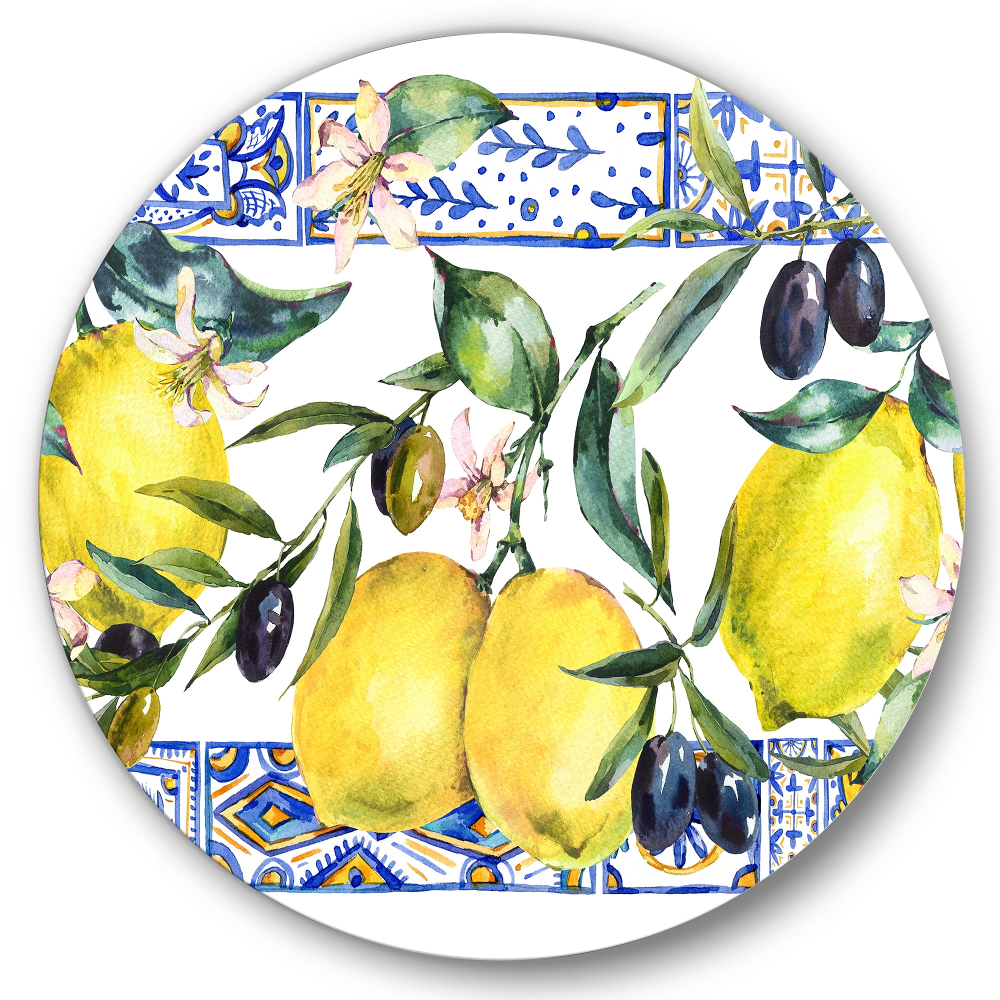Designart 'Geometrical Pattern of Lemon Ornament On Blue II' Tropical Circle Metal Wall Art 36x36 - Disc of 36
