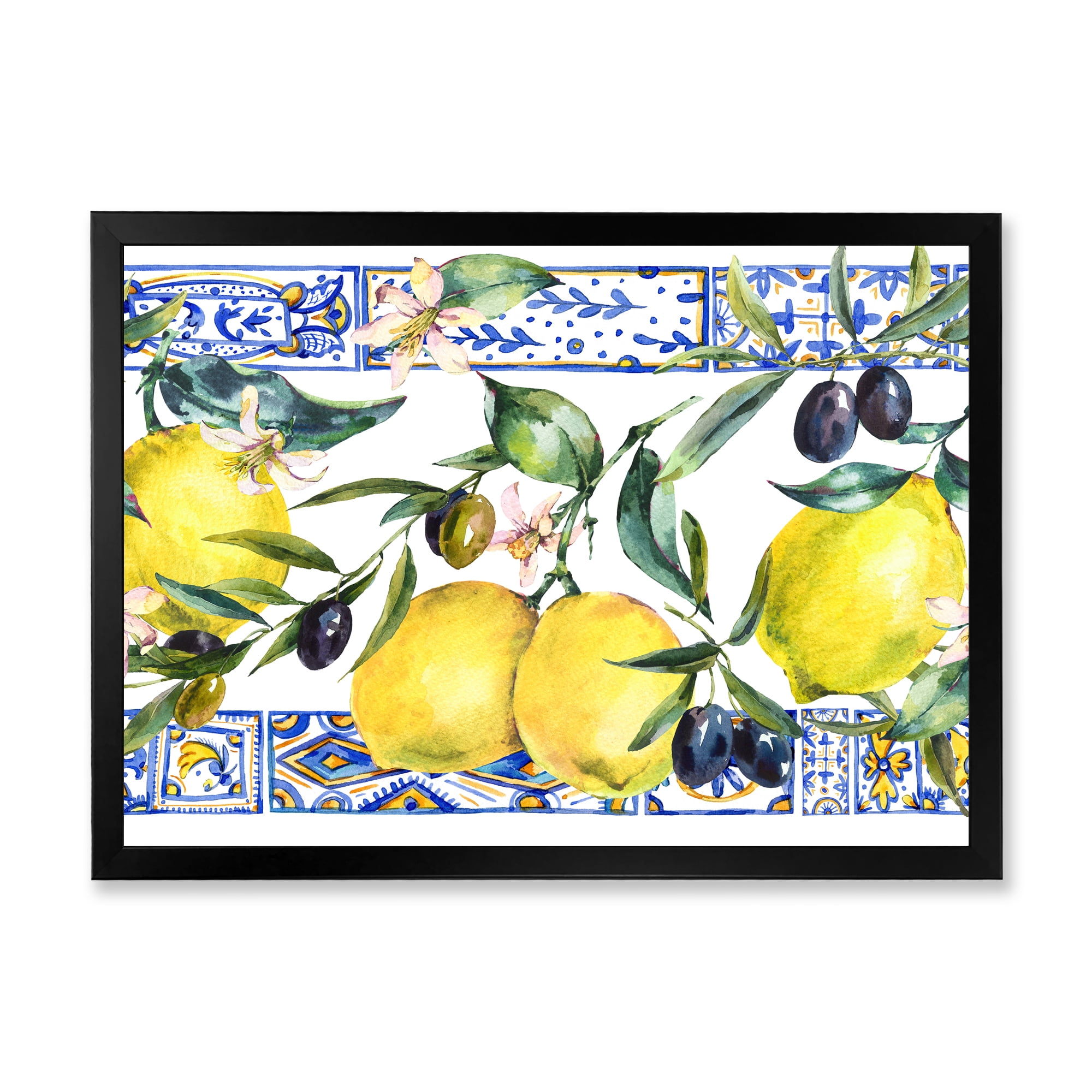Designart 'Geometrical Pattern of Lemon Ornament On Blue II' Tropical Framed Art Print