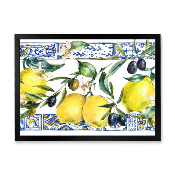 Designart 'Geometrical Pattern of Lemon Ornament On Blue II' Tropical Framed Art Print