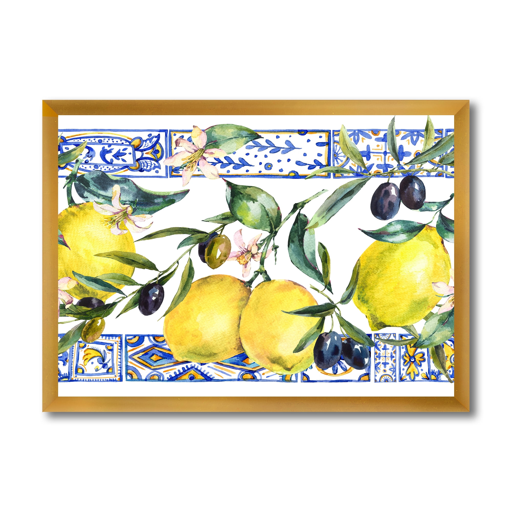 Designart 'Geometrical Pattern of Lemon Ornament On Blue II' Tropical Framed Art Print
