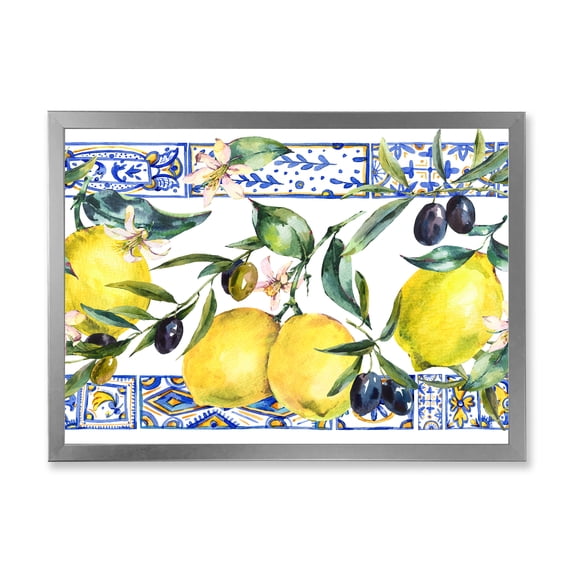 Designart 'Geometrical Pattern of Lemon Ornament On Blue II' Tropical Framed Art Print