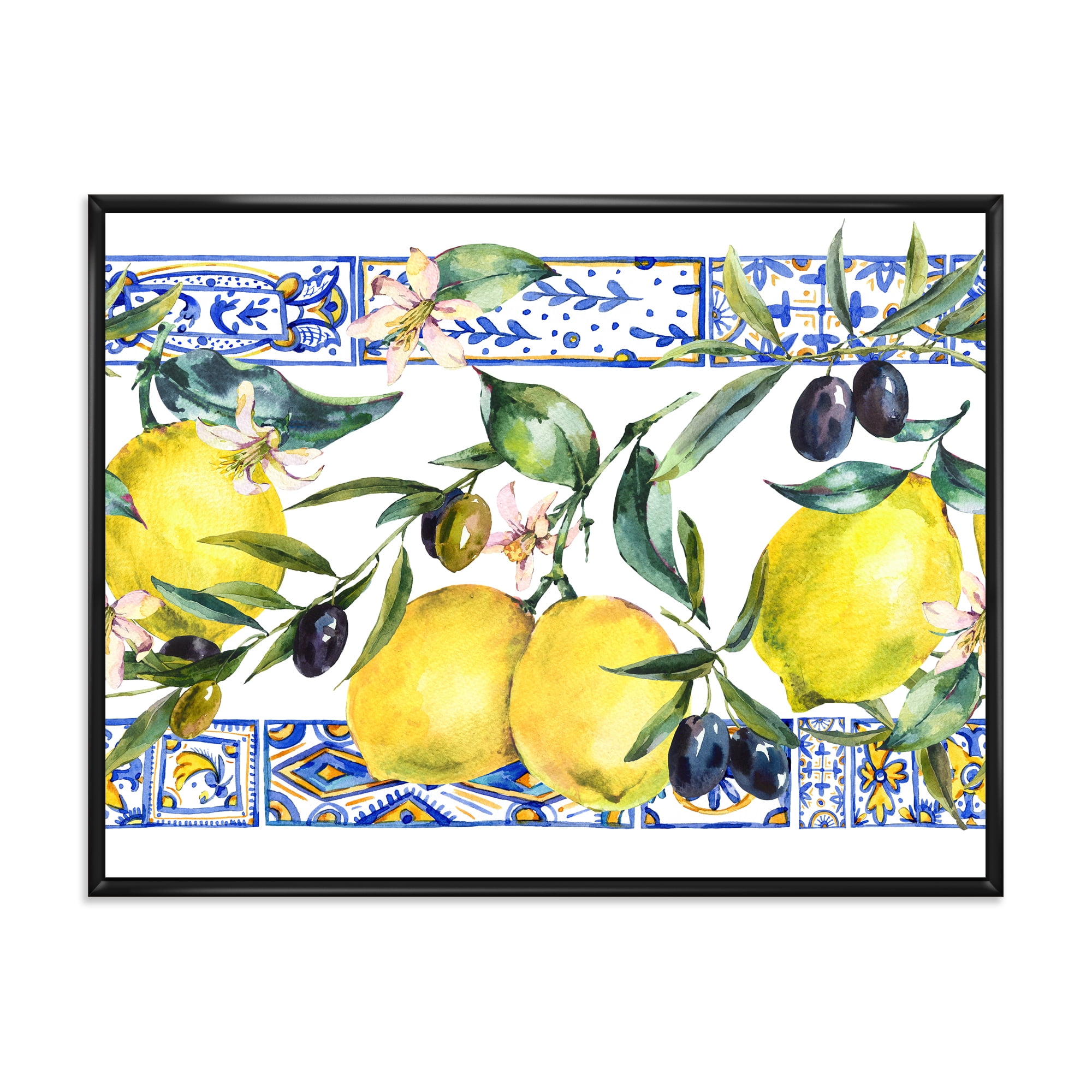 Designart 'Geometrical Pattern of Lemon Ornament On Blue II' Tropical Framed Canvas Wall Art Print