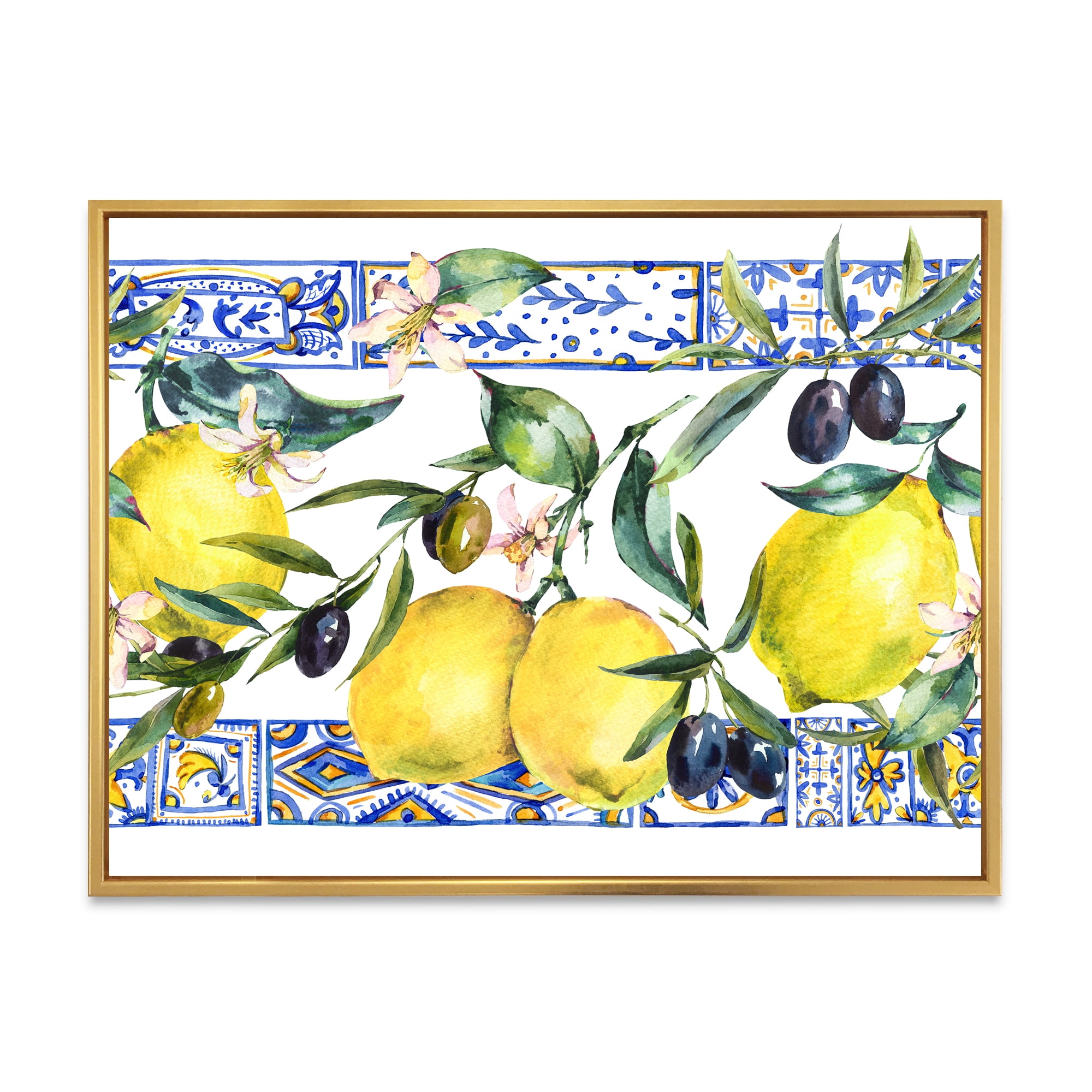 Designart 'Geometrical Pattern of Lemon Ornament On Blue II' Tropical Framed Canvas Wall Art Print