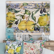 Designart 'Geometrical Pattern of Lemon Ornament On Blue II' Tropical Print on Natural Pine Wood
