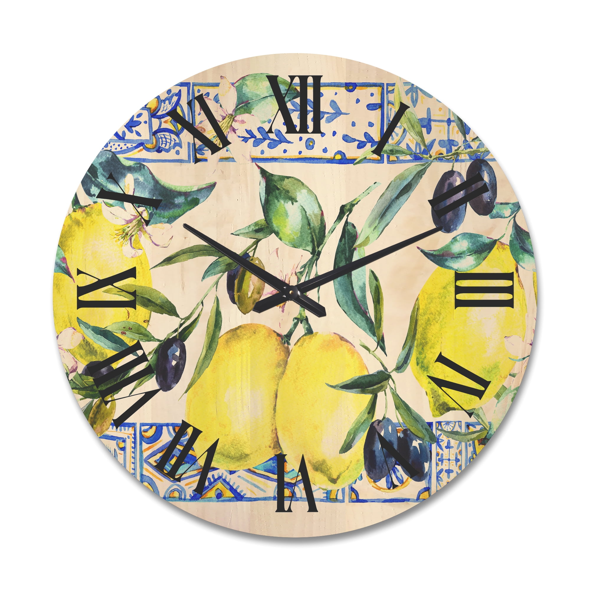 Designart 'Geometrical Pattern of Lemon Ornament On Blue II' Tropical Wood Wall Clock