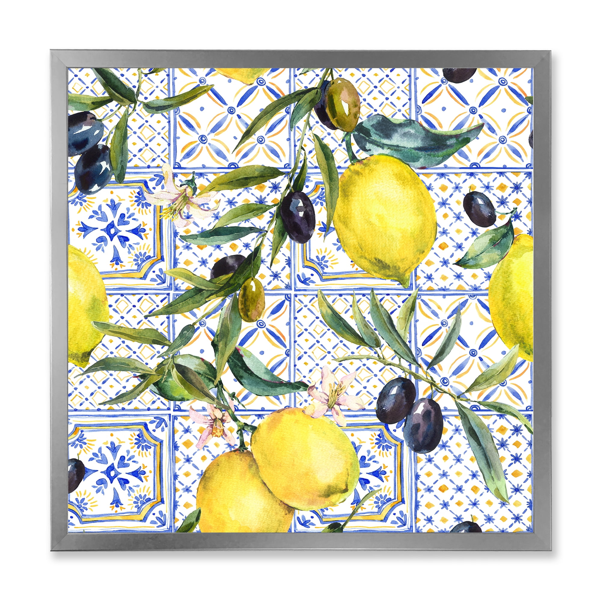 Designart 'Geometrical Pattern of Lemon Ornament On Blue III' Tropical Framed Art Print