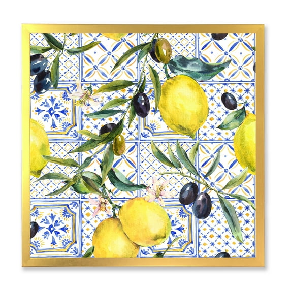Designart 'Geometrical Pattern of Lemon Ornament On Blue III' Tropical Framed Art Print