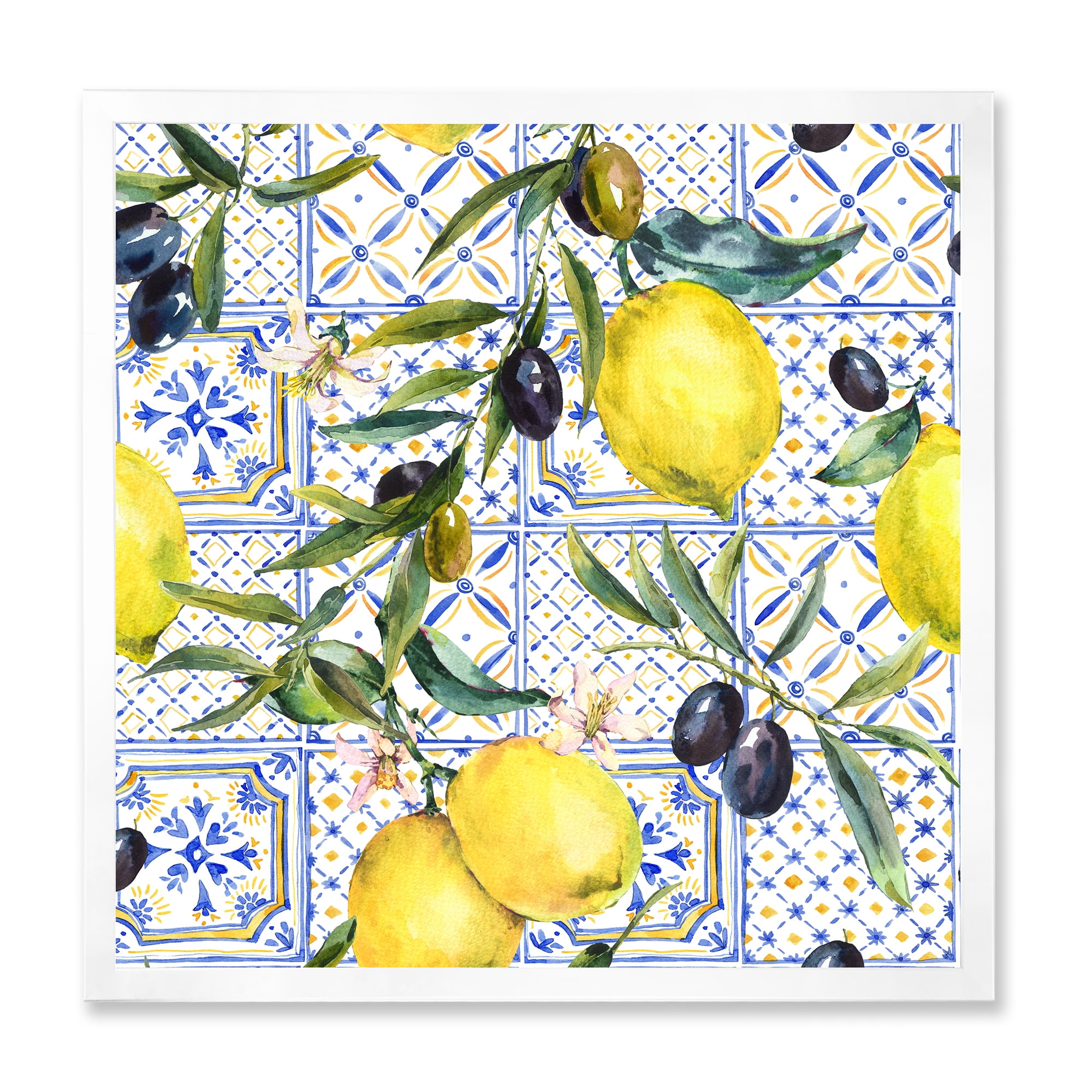 Designart 'Geometrical Pattern of Lemon Ornament On Blue III' Tropical Framed Art Print