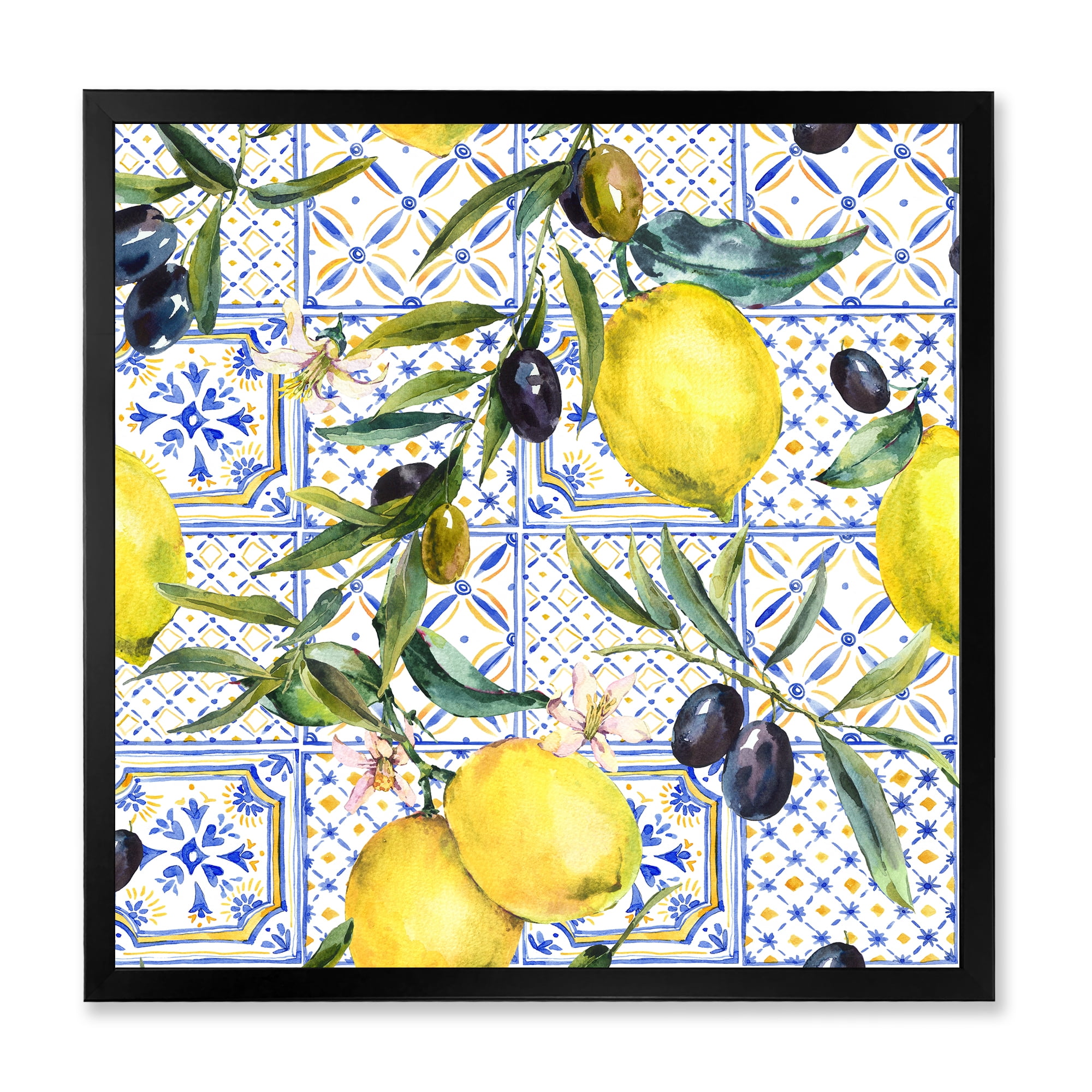 Designart 'Geometrical Pattern of Lemon Ornament On Blue III' Tropical Framed Art Print