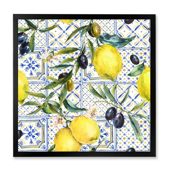 Designart 'Geometrical Pattern of Lemon Ornament On Blue III' Tropical Framed Art Print