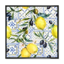 Designart 'Geometrical Pattern of Lemon Ornament On Blue III' Tropical Framed Canvas Wall Art Print