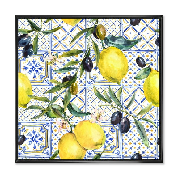 Designart 'Geometrical Pattern of Lemon Ornament On Blue III' Tropical Framed Canvas Wall Art Print