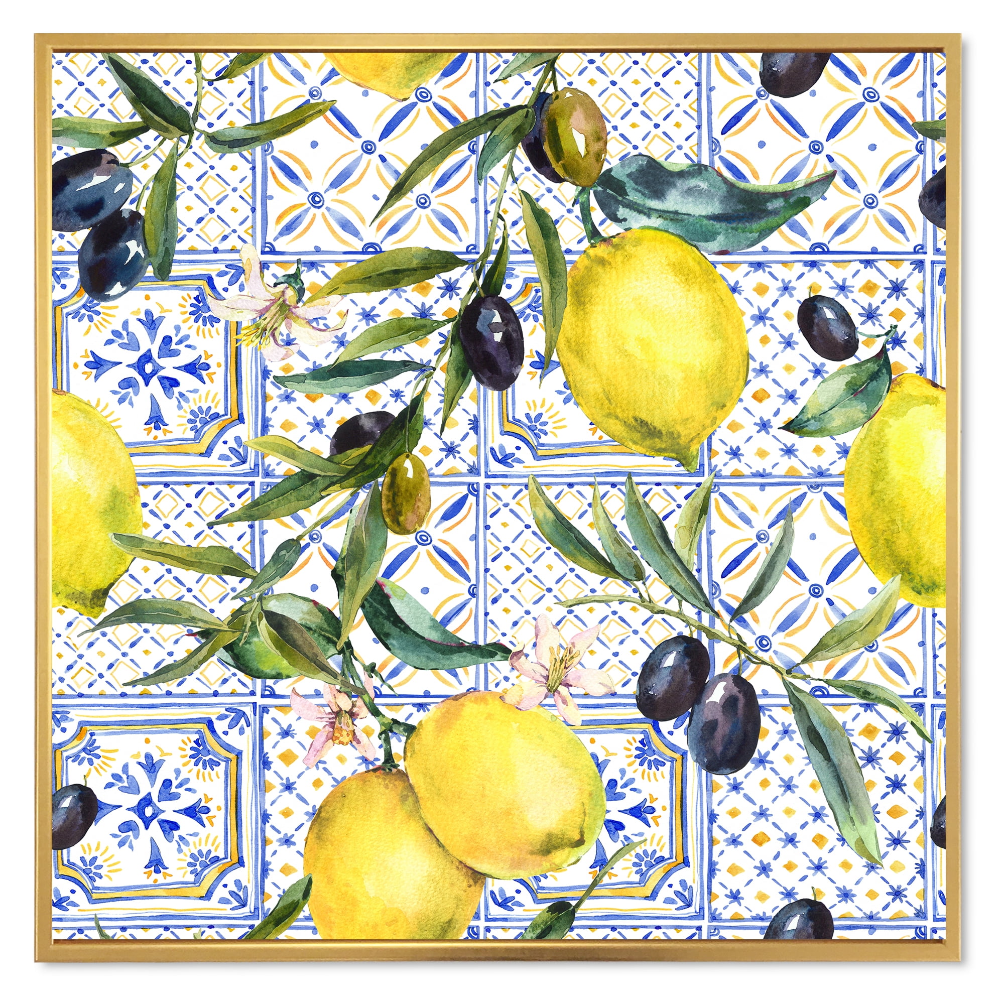 Designart 'Geometrical Pattern of Lemon Ornament On Blue III' Tropical Framed Canvas Wall Art Print