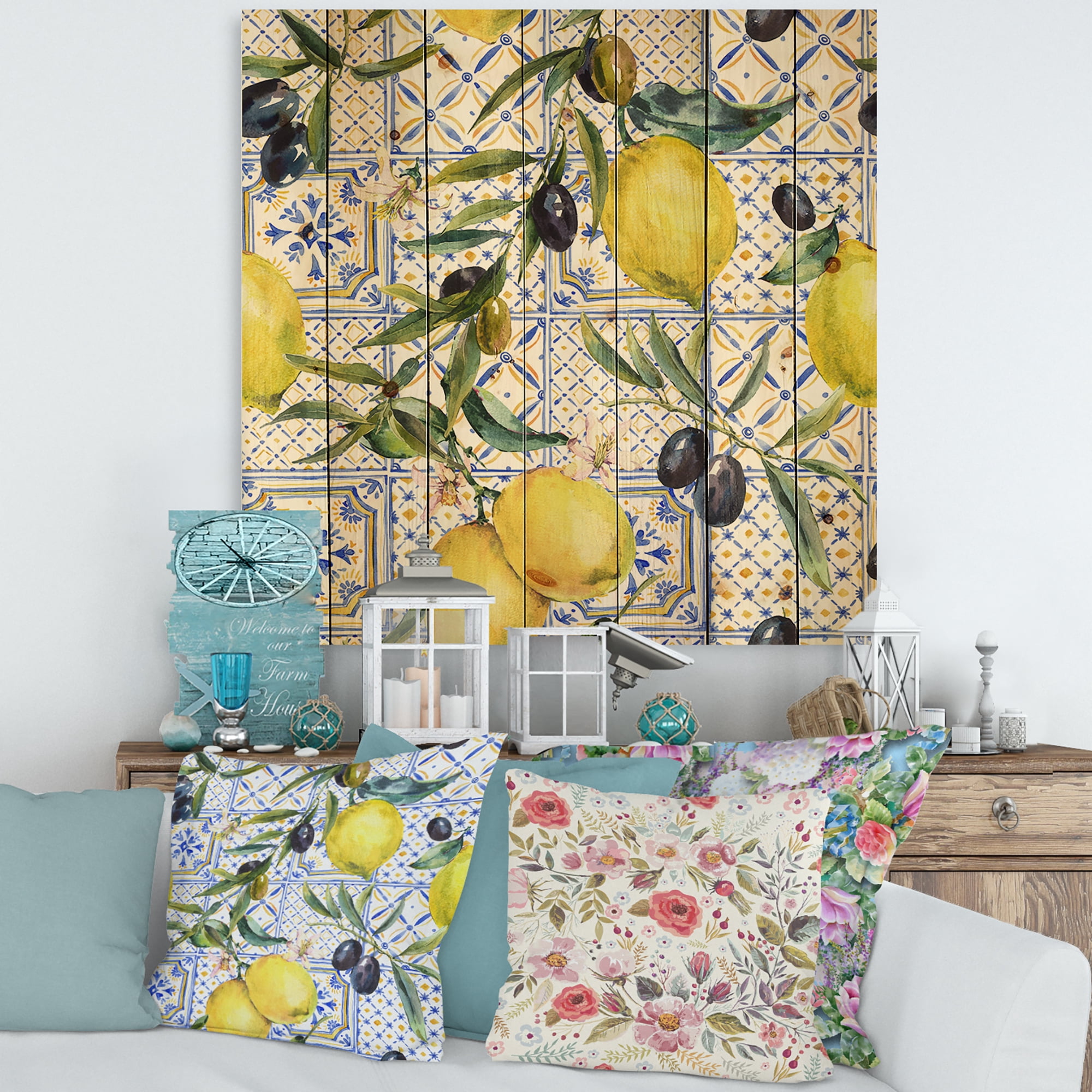 Designart 'Geometrical Pattern of Lemon Ornament On Blue III' Tropical Print on Natural Pine Wood