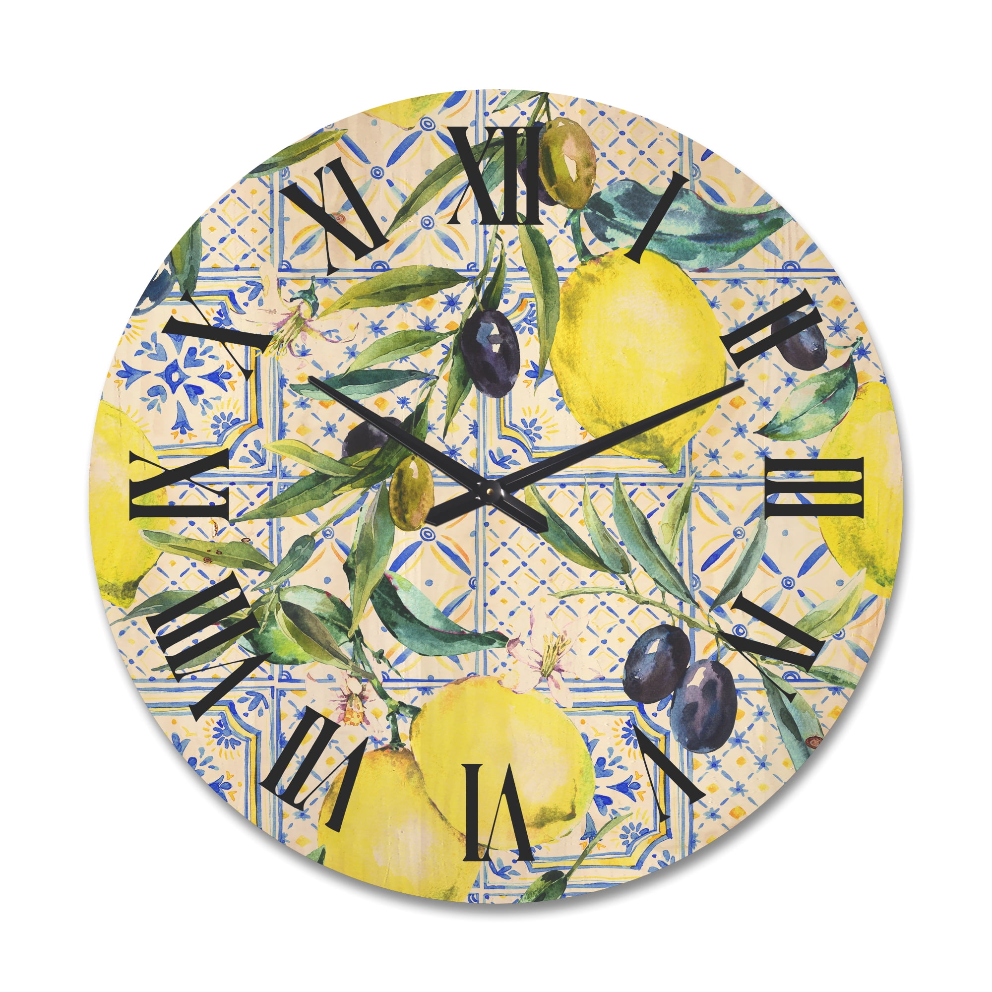 Designart 'Geometrical Pattern of Lemon Ornament On Blue III' Tropical Wood Wall Clock