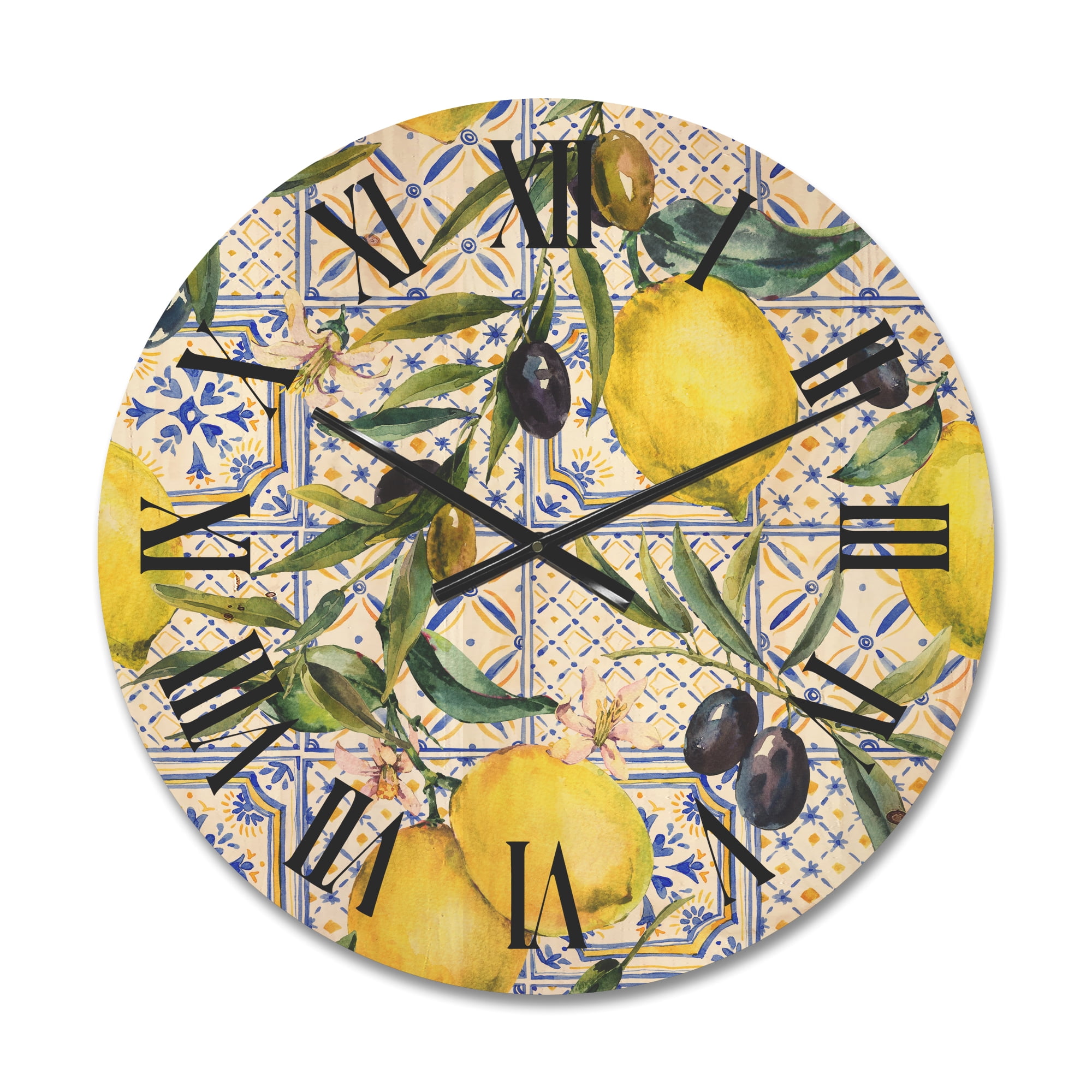 Designart 'Geometrical Pattern of Lemon Ornament On Blue III' Tropical Wood Wall Clock