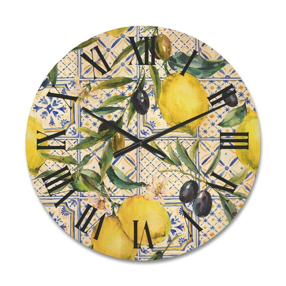 Designart 'Geometrical Pattern of Lemon Ornament On Blue III' Tropical Wood Wall Clock