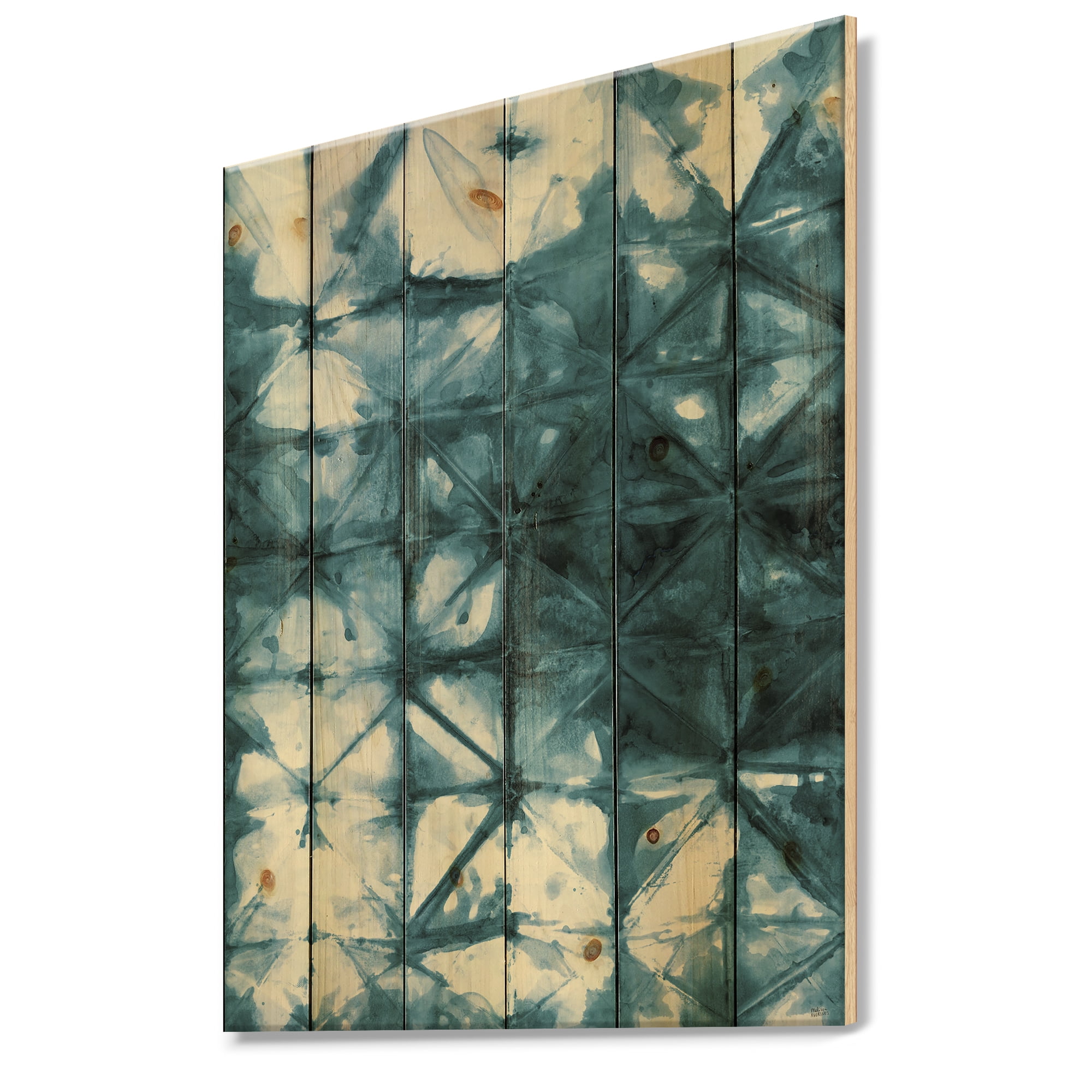 Designart 'Geometrical Watercolor Indigo III' Contemporary Print on Natural Pine Wood