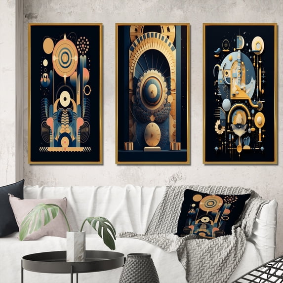 Designart "Geometry of Consciousness Contemporary Art I" Modern Geometric Framed Wall Art Set Of 3 - Gold Abstract Geometric Frame Gallery Wall Set For Home Decor