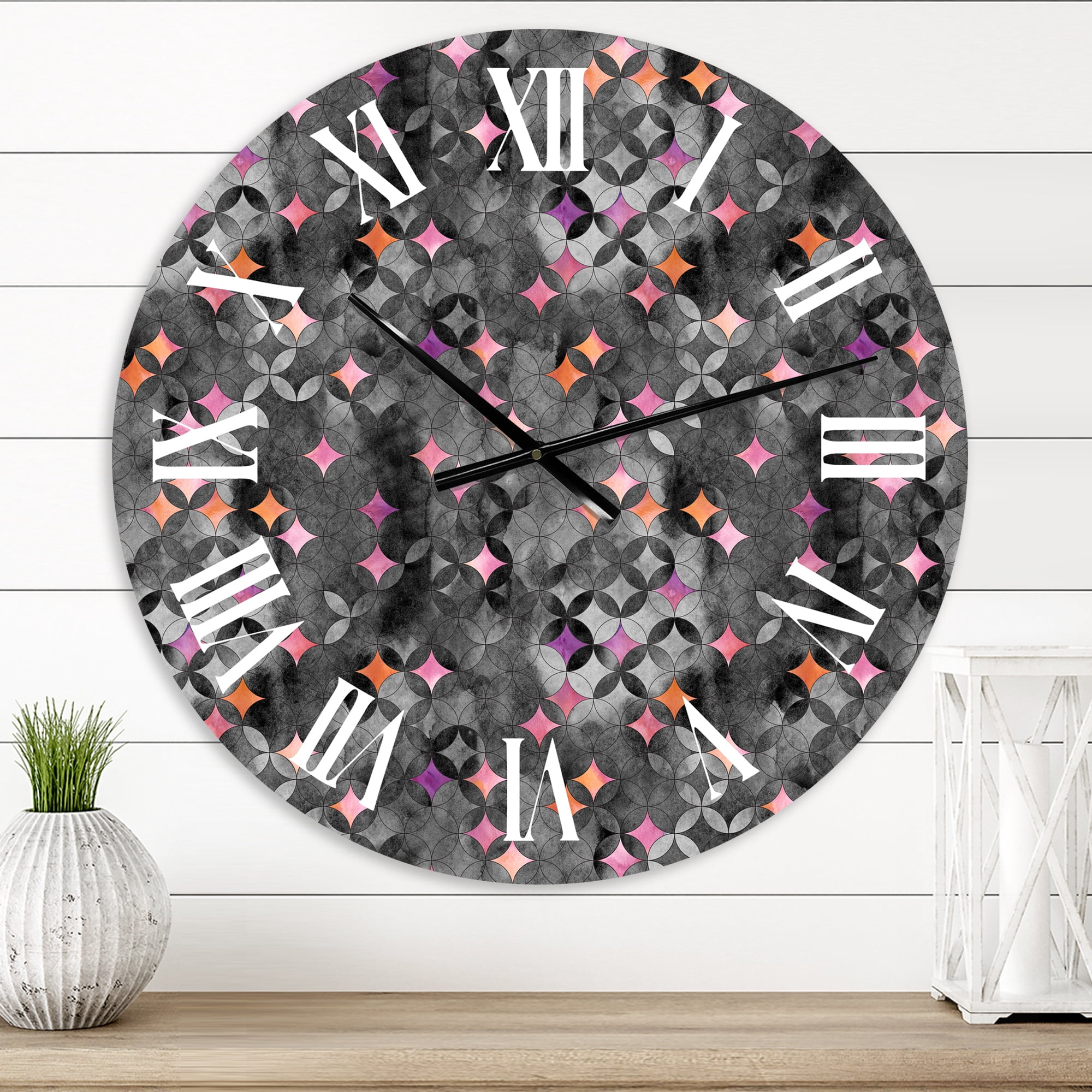 Designart 'Geometry Intersecting Circles With Pink Stars' Modern Wall Clock