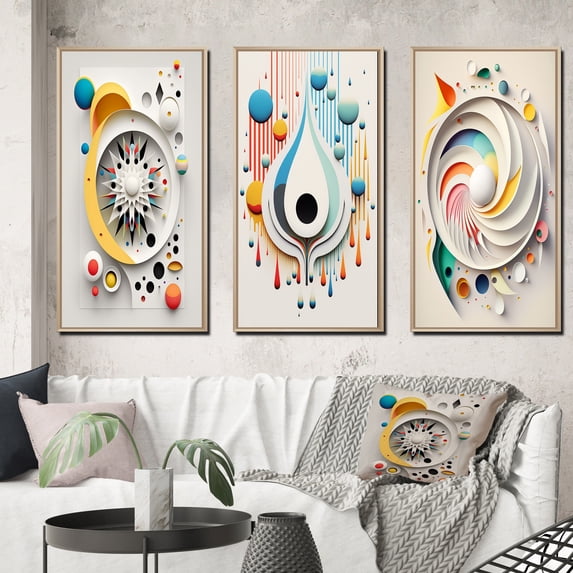 Designart "Geometry of Awakening Metamorphosis II" Modern Geometric Framed Wall Art Set Of 3 - Multicolor Abstract Frame Gallery Set For Office Decor
