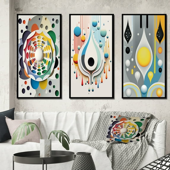 Designart "Geometry of Awakening Metamorphosis" Modern Geometric Framed Wall Art Set Of 3 - Multicolor Abstract Frame Gallery Wall Set For Home Decor