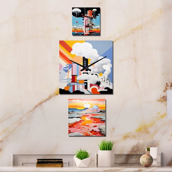 Designart "Geyser Horizon in De Stijl" Geyser Oversized Country Clock - Set Of 3 - Extra large Clock For Office Décor - Large Vertical Clock