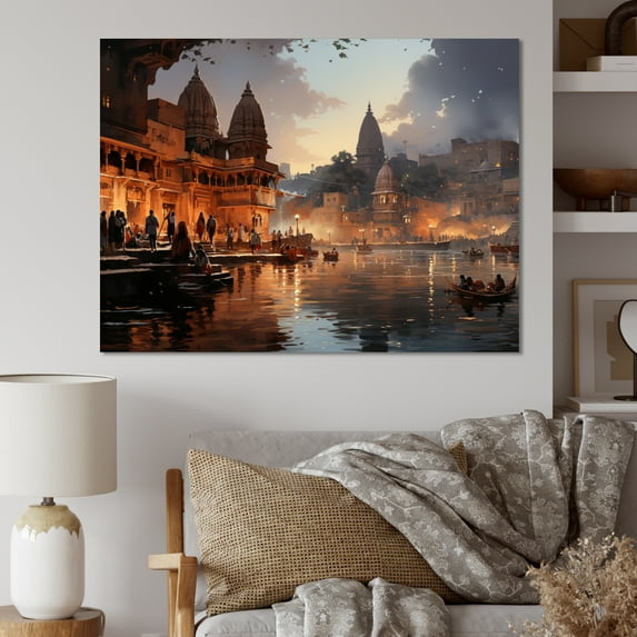 Designart "Ghats Of Indian Art Beige and Grey" Indian Canvas Art Print