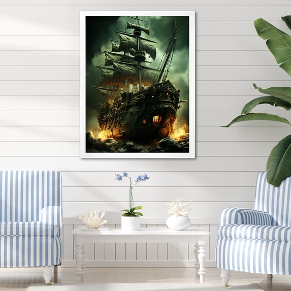 Designart "Ghost Ship of Pirates I" People Framed Wall Art - Modern Black Pirate Bedroom Framed Canvas Wall Art