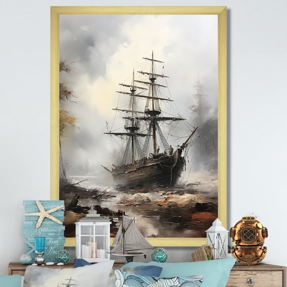 Designart "Ghost Ship of Pirates III" People Framed Wall Art - Modern Brown Pirate Entryway Framed Wall Art