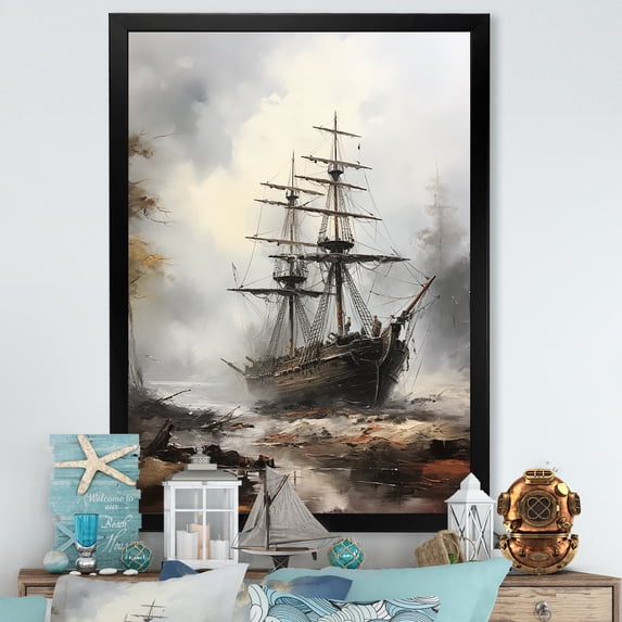 Designart "Ghost Ship of Pirates III" People Framed Wall Art - Modern Brown Pirate Entryway Framed Wall Art