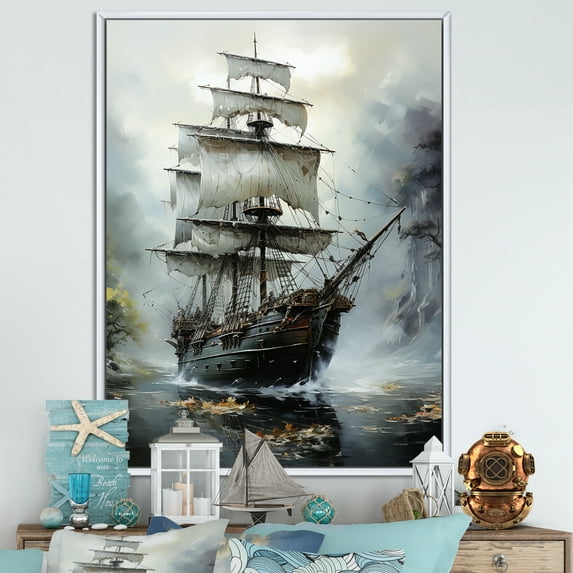 Designart "Ghostly Pirate Ship In Stormy Seas I" Pirate Floater Framed Canvas Prints